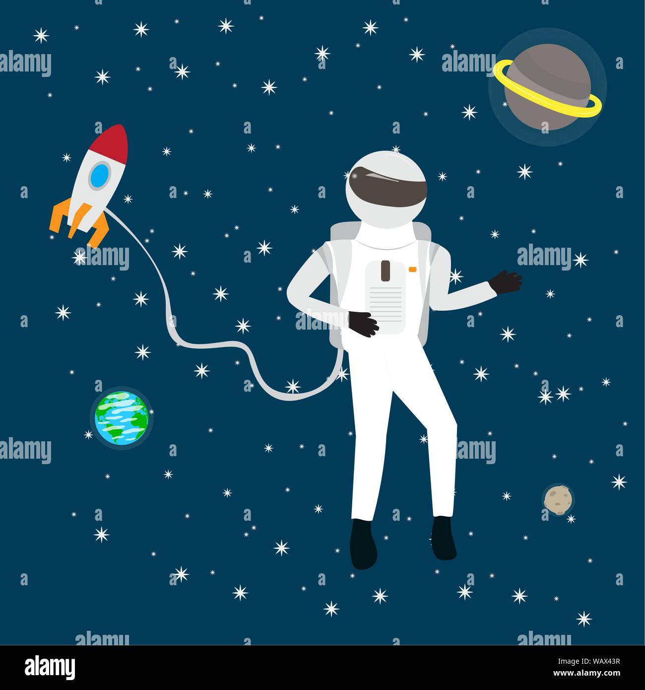 Astronaut over a space background with a rocket and planets - Vector ...