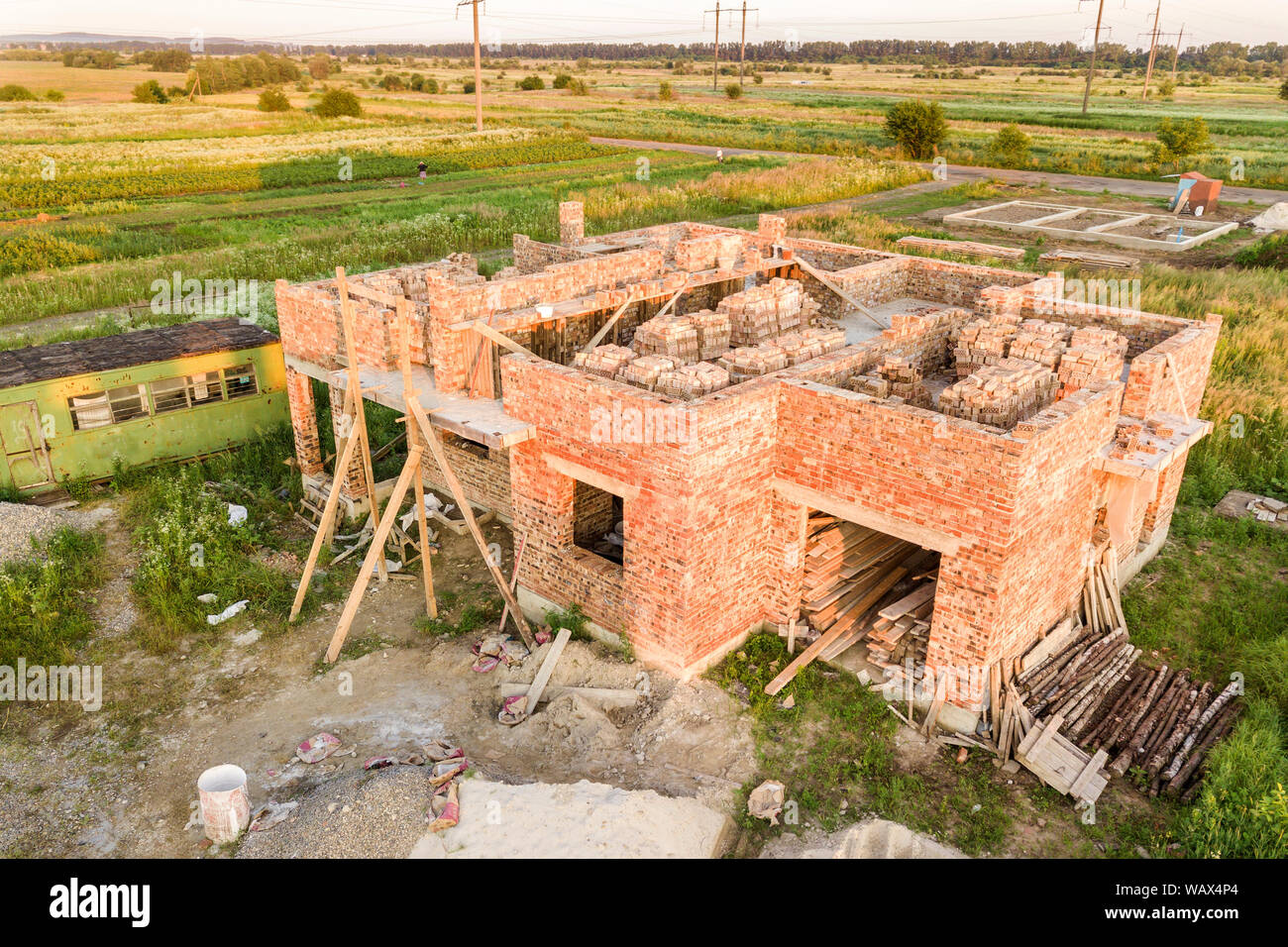 Aerial View Of Building Site For Future House Brick Basement