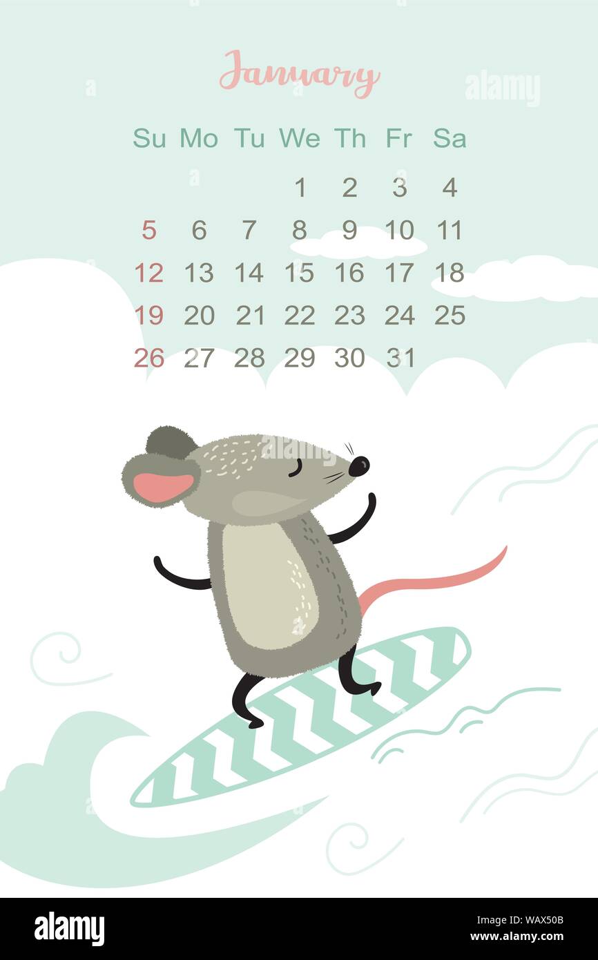 January 2020 Template Design Calendar 2020 With Funny And Cute