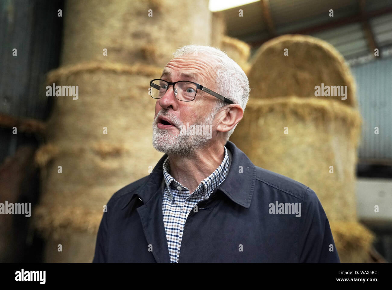 Labour Leader Jeremy Corbyn during a visit to Rakefoot Farm, Castlerigg, Keswick where they are highlighting the danger of a No Deal Brexit to sheep farmers. Stock Photo