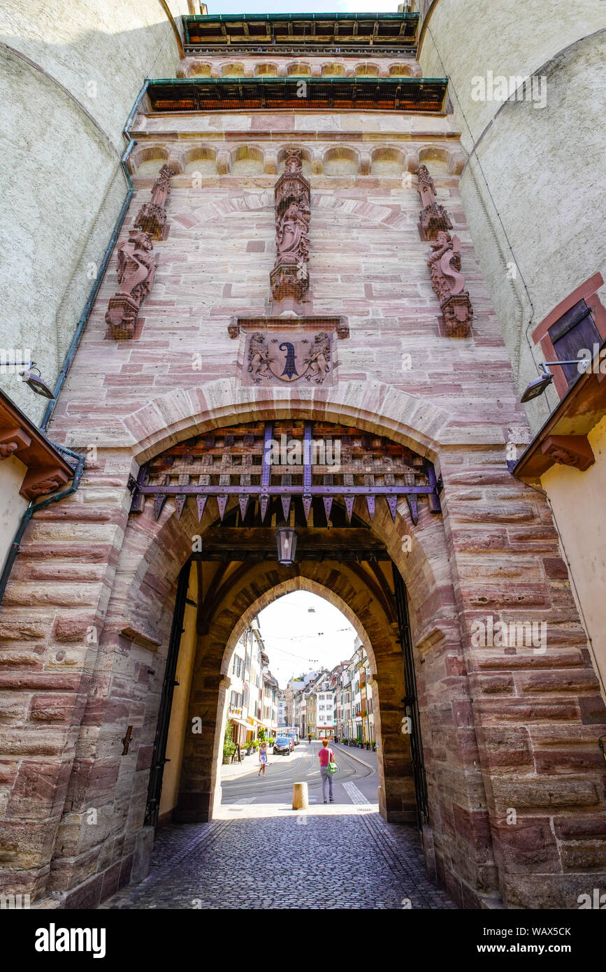 Spalentor, Old town city gate tower, Basel, Switzerland. The Spalentor (Gate of Spalen) is the most impressive and magnificent of city gates still rem Stock Photo