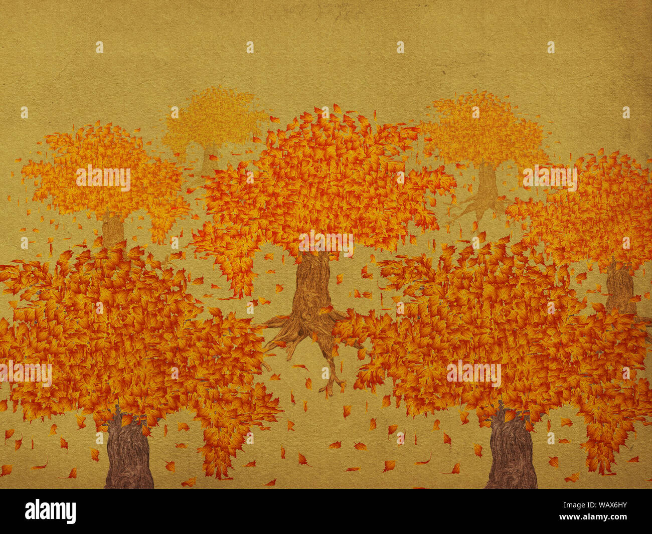 Grunge illustration of autumn trees on paper background Stock Photo - Alamy