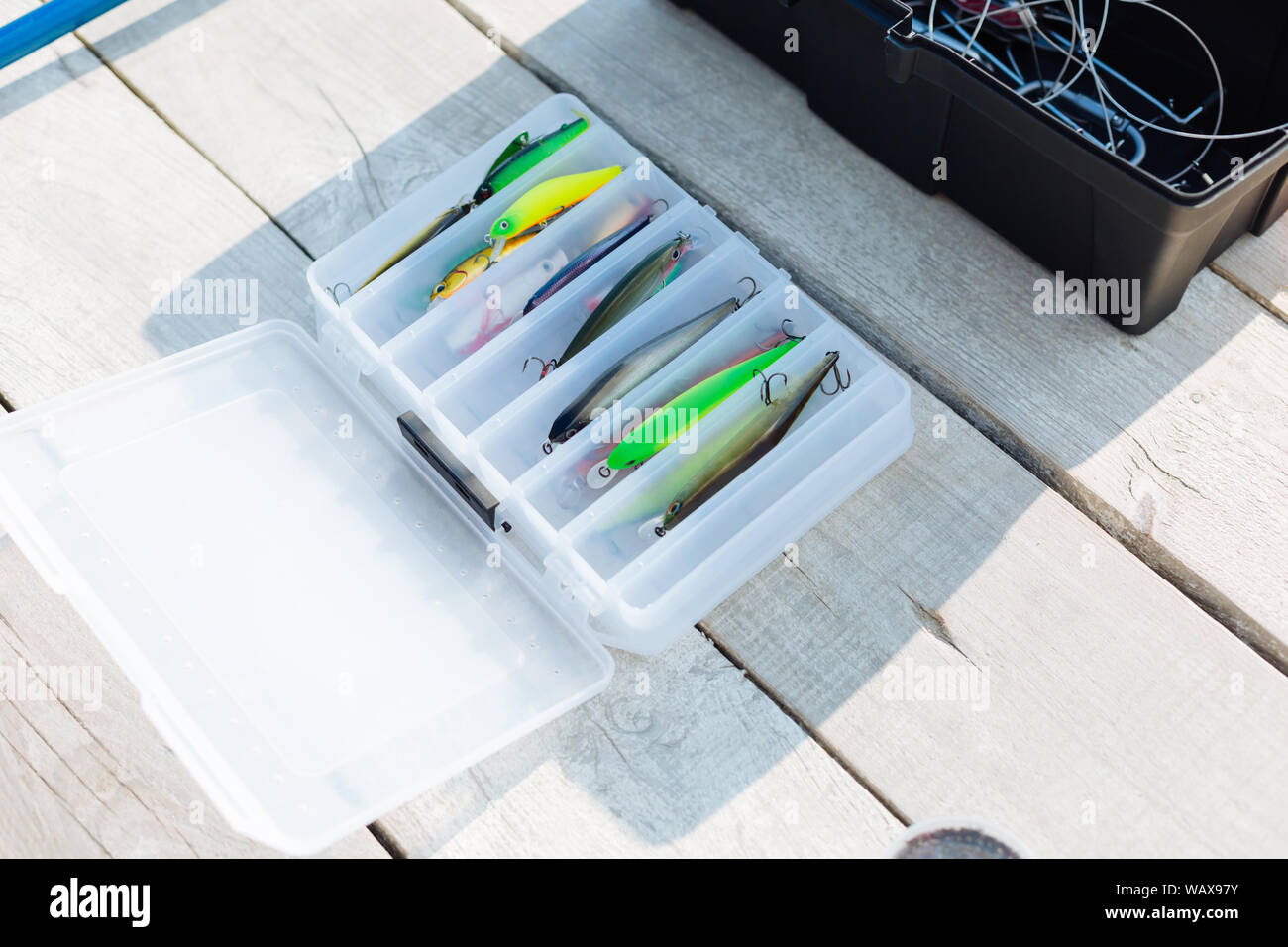 Top view of colorful fishing hooks lying in special box Stock Photo Alamy