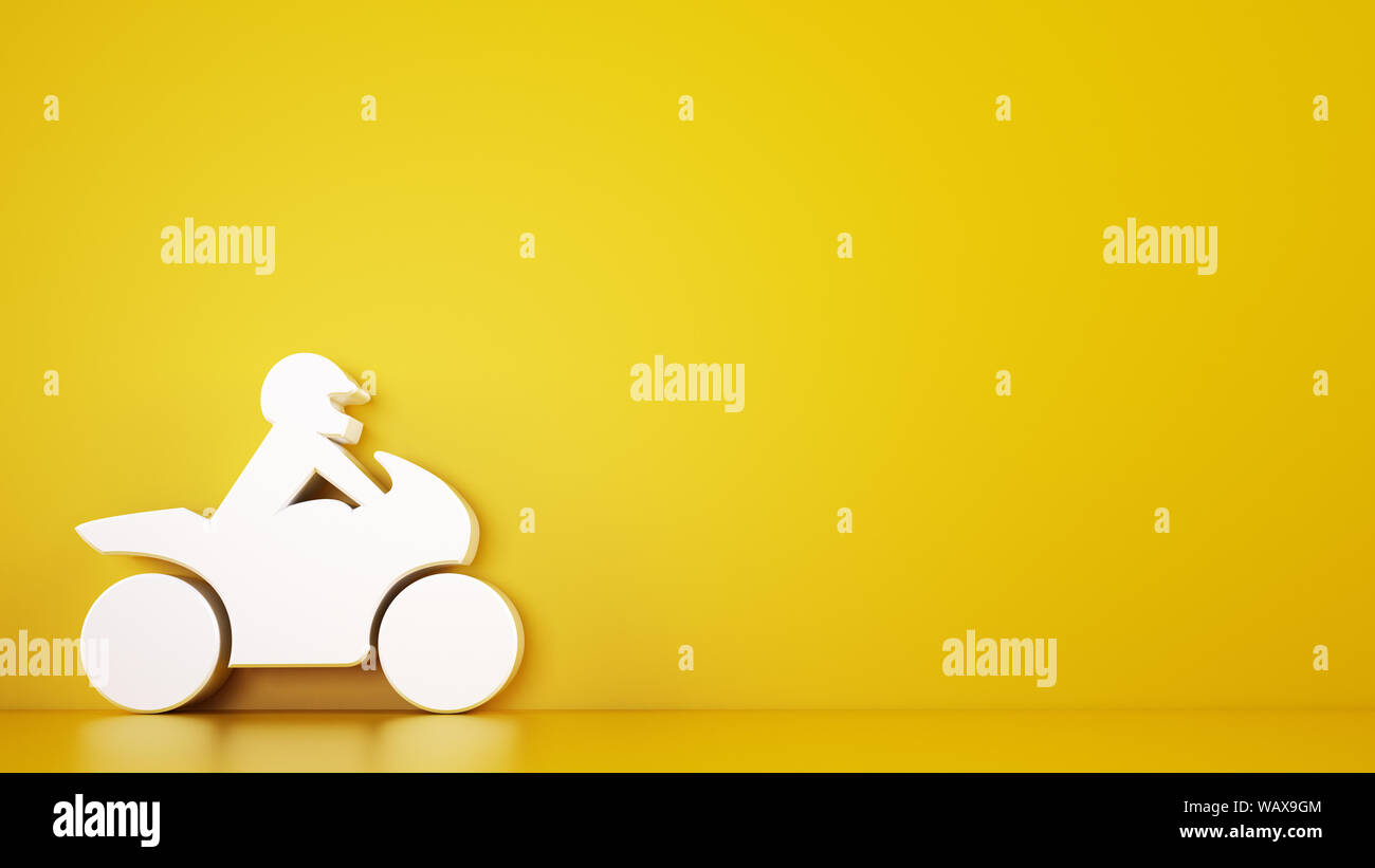 Rendering of a yellow background with white 3D toy motorcycle, automotive services concept Stock Photo