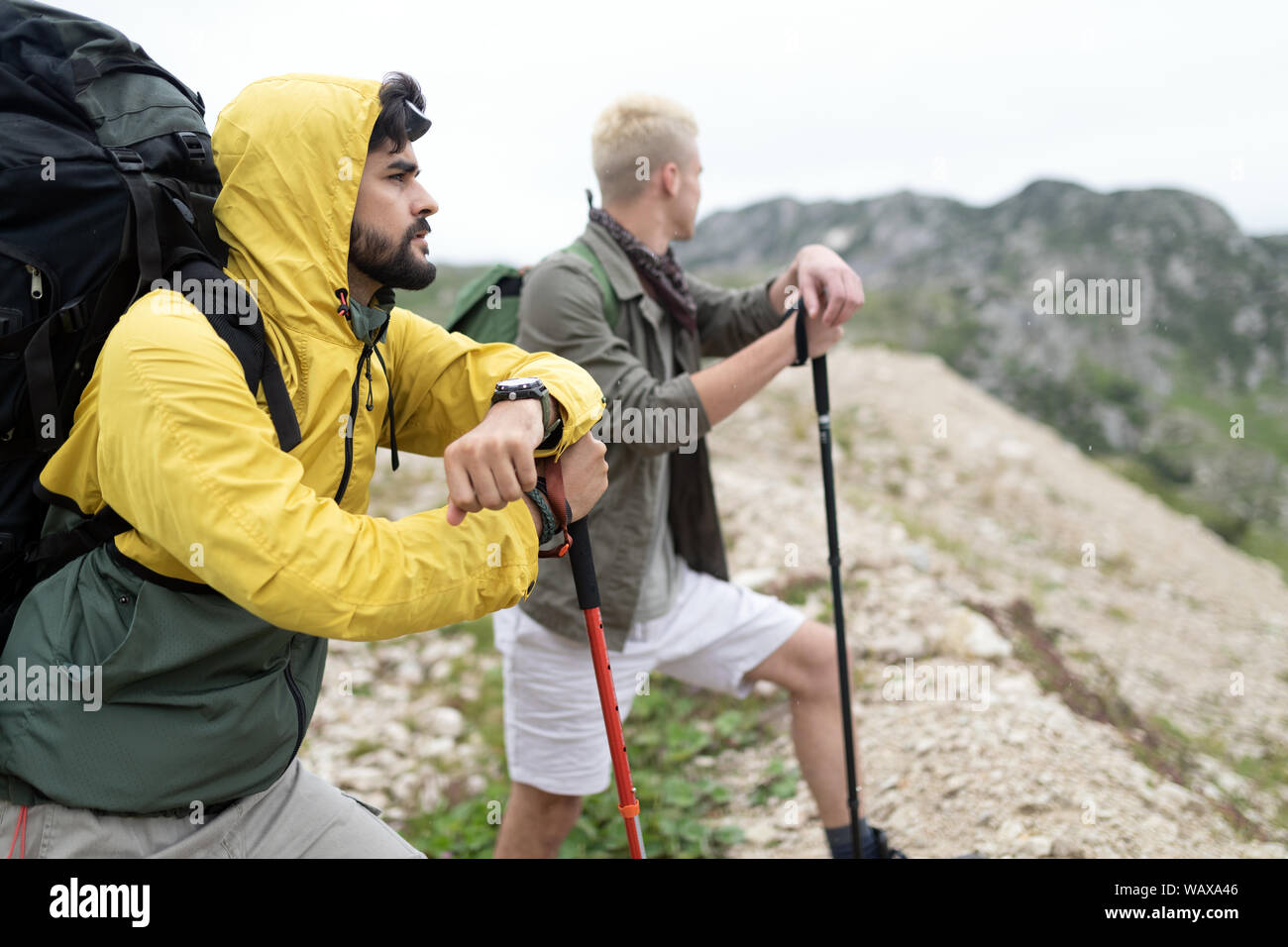 Group of friends hikers walking on a mountain at sunset Stock Photo - Alamy