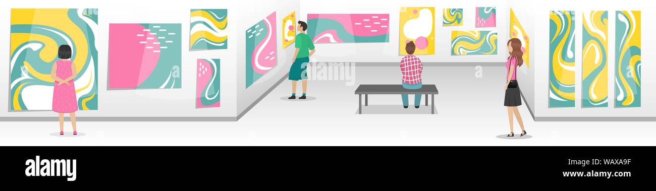 Modern Art Museum with visitors. Hall with white walls with abstract paintings. Biennale of contemporary art. Minimalistic interior of the Museum. Vec Stock Vector