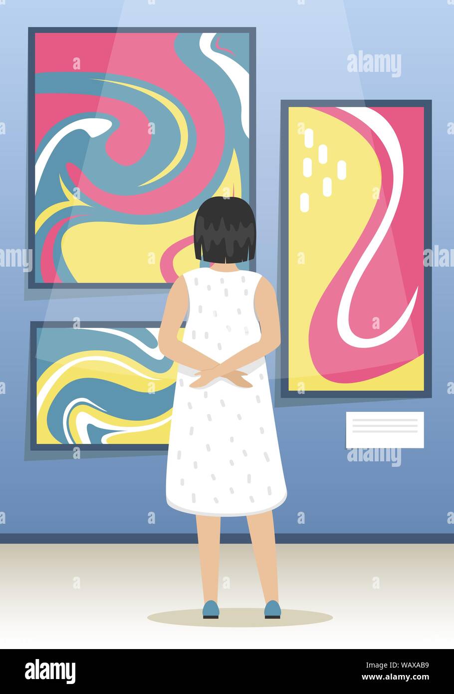 The girl looks the paintings of modern abstract artists. Modern Art Museum. Biennale of contemporary art. Minimalistic interior of the Museum. Vector Stock Vector