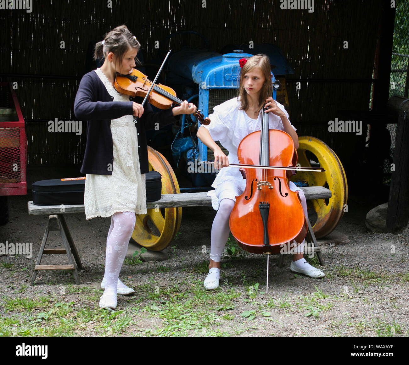 Two young musician on folk music festival playing violin and cello Stock Photo