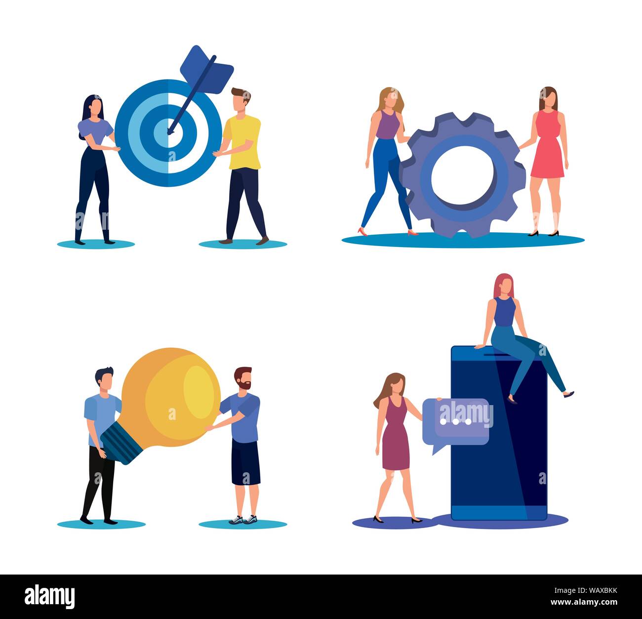 set of women and men teamwork with business icons Stock Vector Image ...