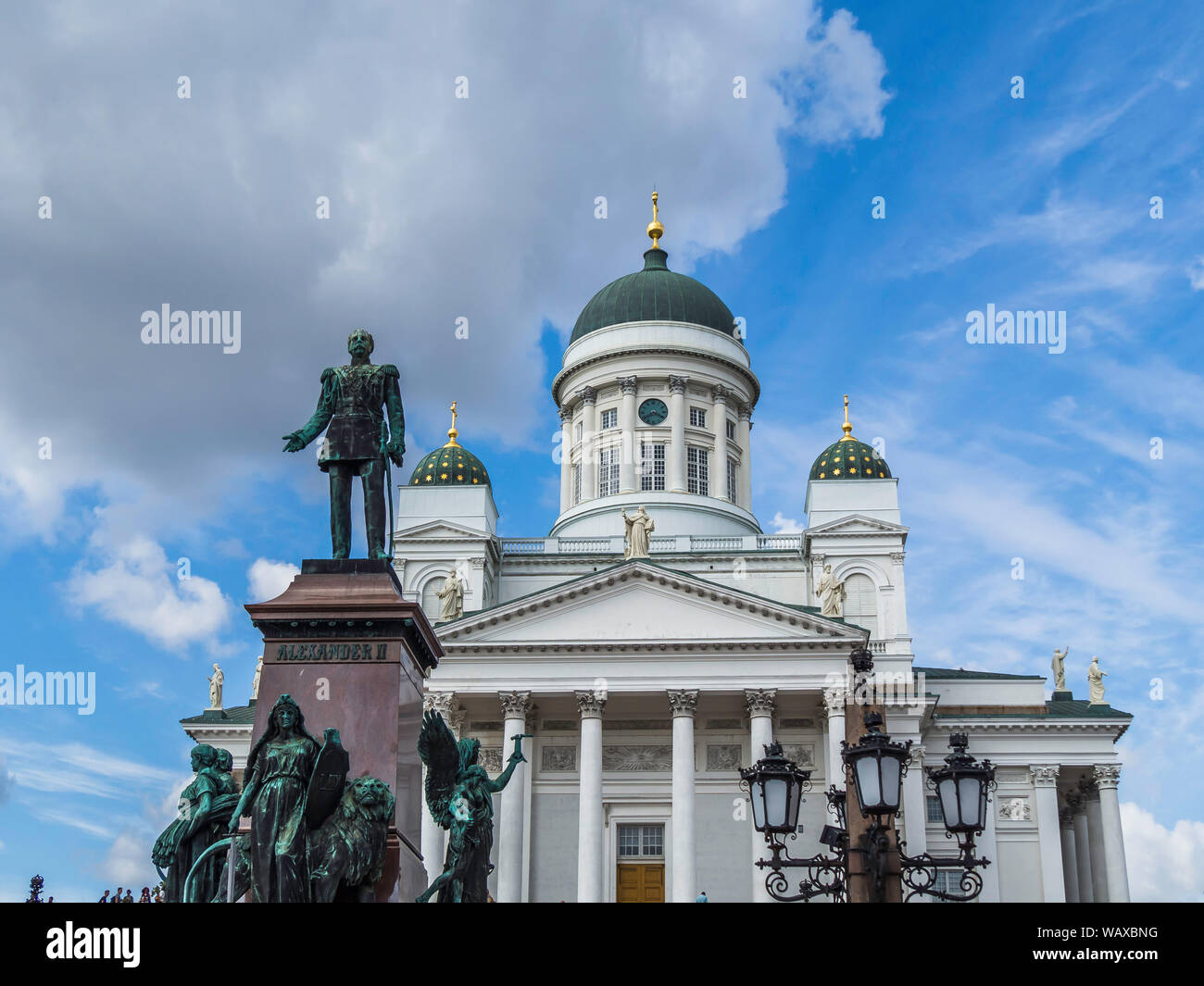 Beautiful statue at Senate Square in front of Helsinki Cathedral in Finland Stock Photo
