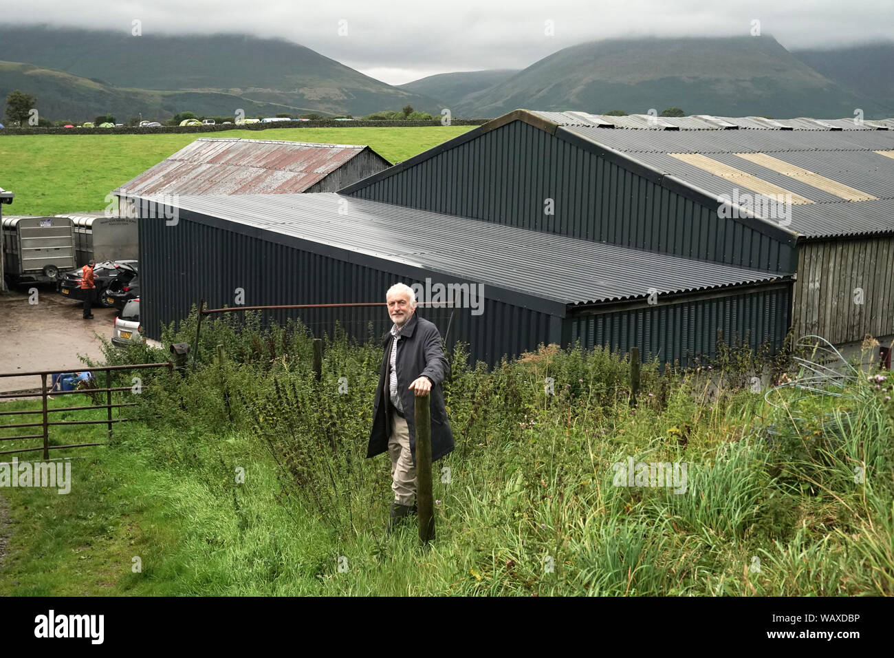 Labour Leader Jeremy Corbyn during a visit to Rakefoot Farm, Castlerigg, Keswick where they are highlighting the danger of a No Deal Brexit to sheep farmers. Stock Photo