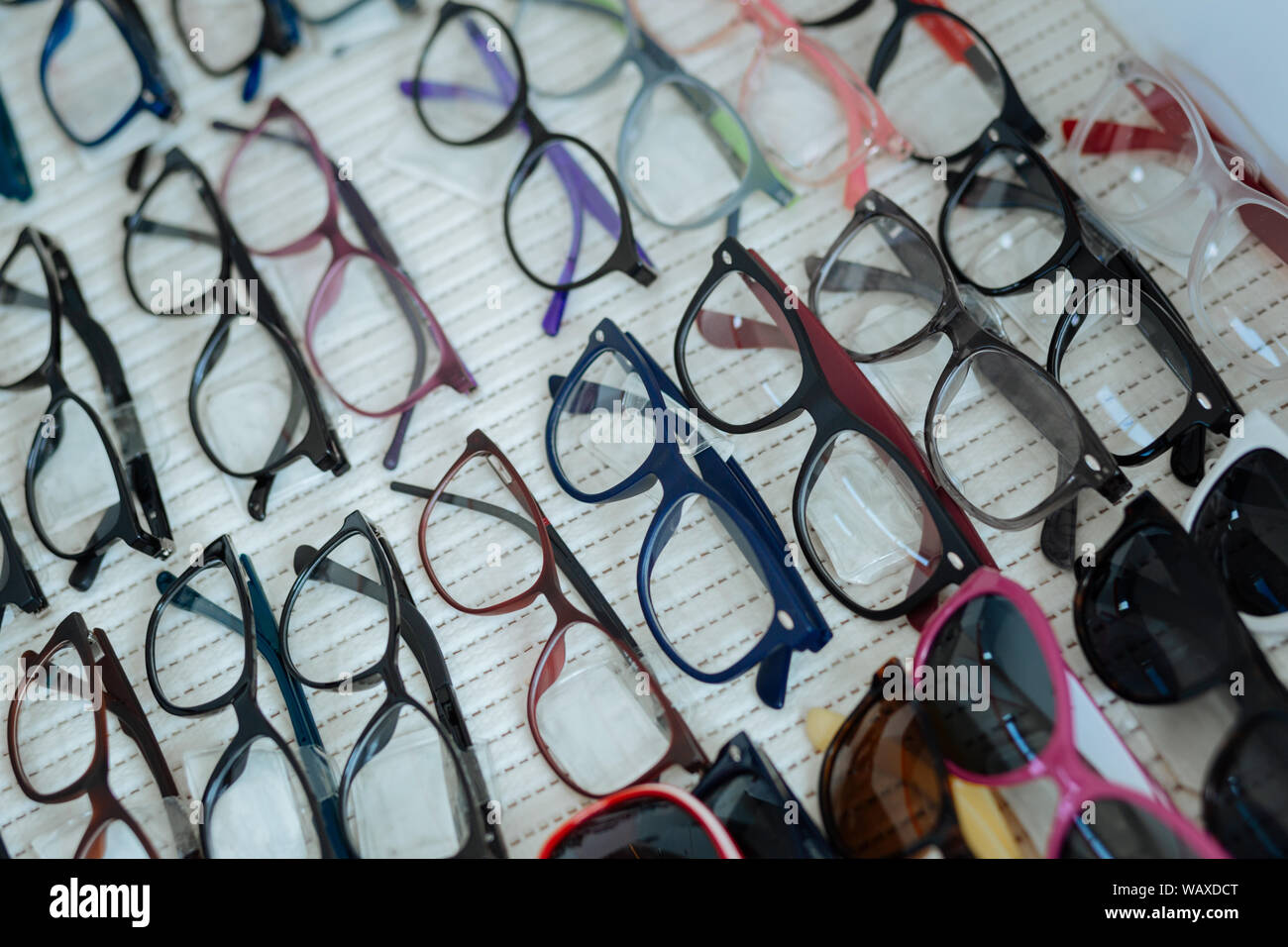 Top view of many different eye glasses Stock Photo