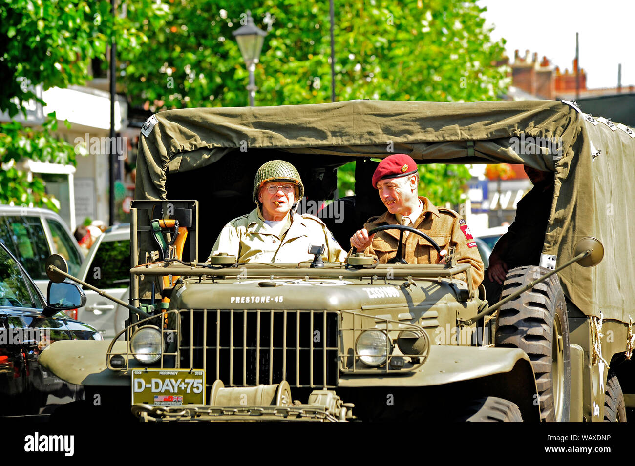 1940s wartime festival weekend  at Lytham,Lancashire,UK.Parade of military vehicles through the streets of Lytham Stock Photo