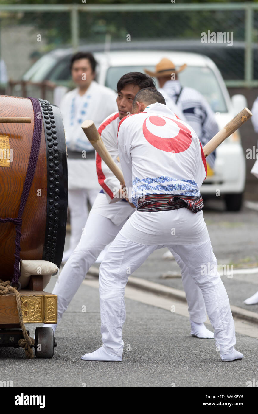 Chiba, Japan, 08/22/2019 , Drummers of the traditional japanese drum