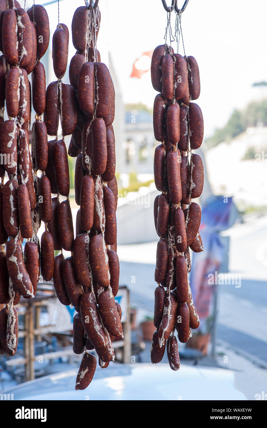 traditional turkish pepperoni is drying under the sun Stock Photo Alamy