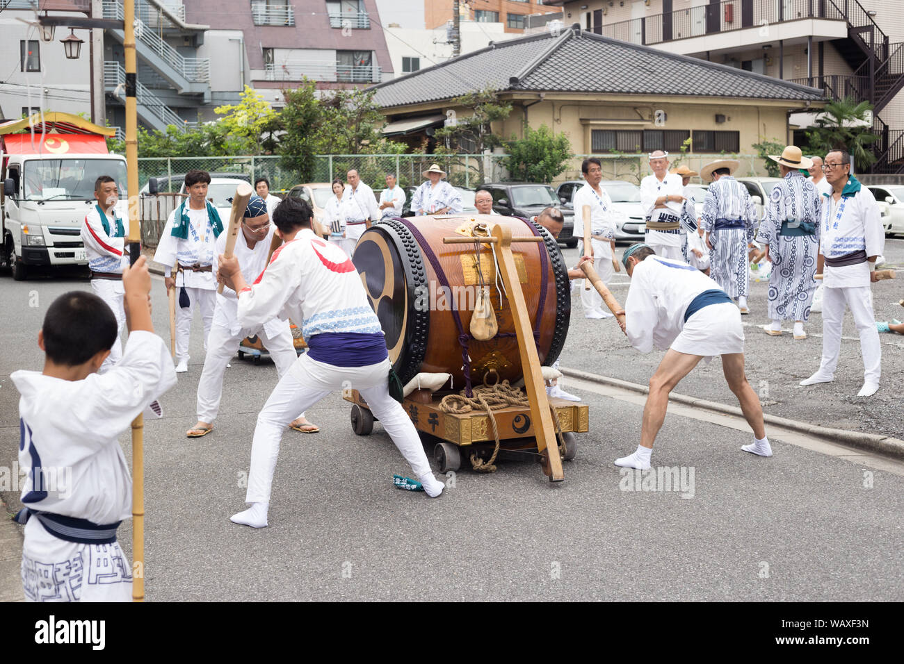 Chiba, Japan, 08/22/2019 , Drummers of the traditional japanese drum