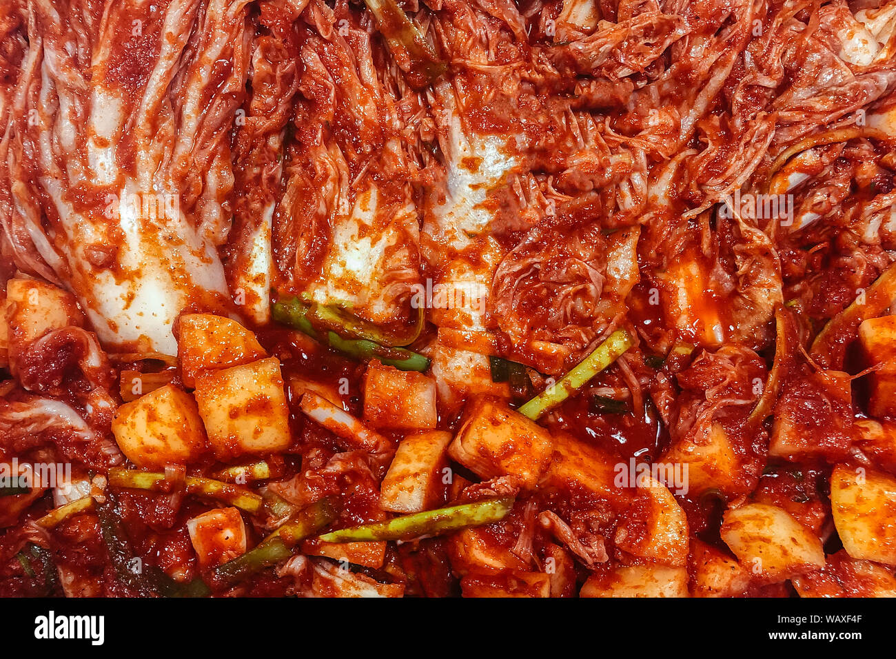 Close up Korean Cabbage Kimchi red chili pepper and green onion