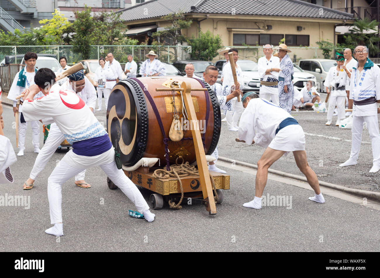 Chiba, Japan, 08/22/2019 , Drummers of the traditional japanese drum