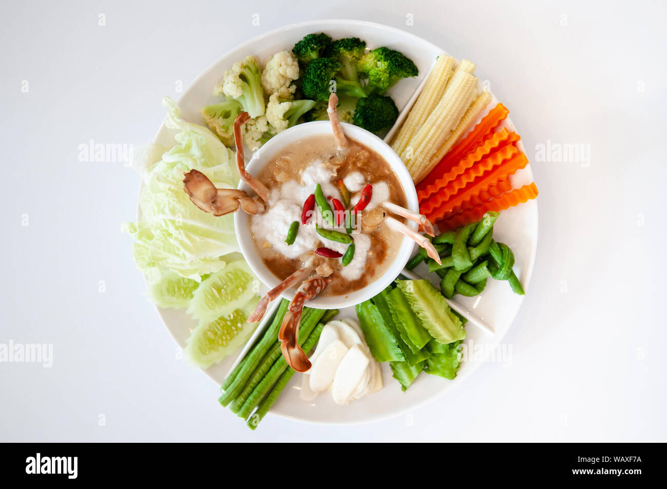 Thai crab chilli coconut milk dip (Lon Pu) and mix vegetable. Thai cuisine home cooking chilli