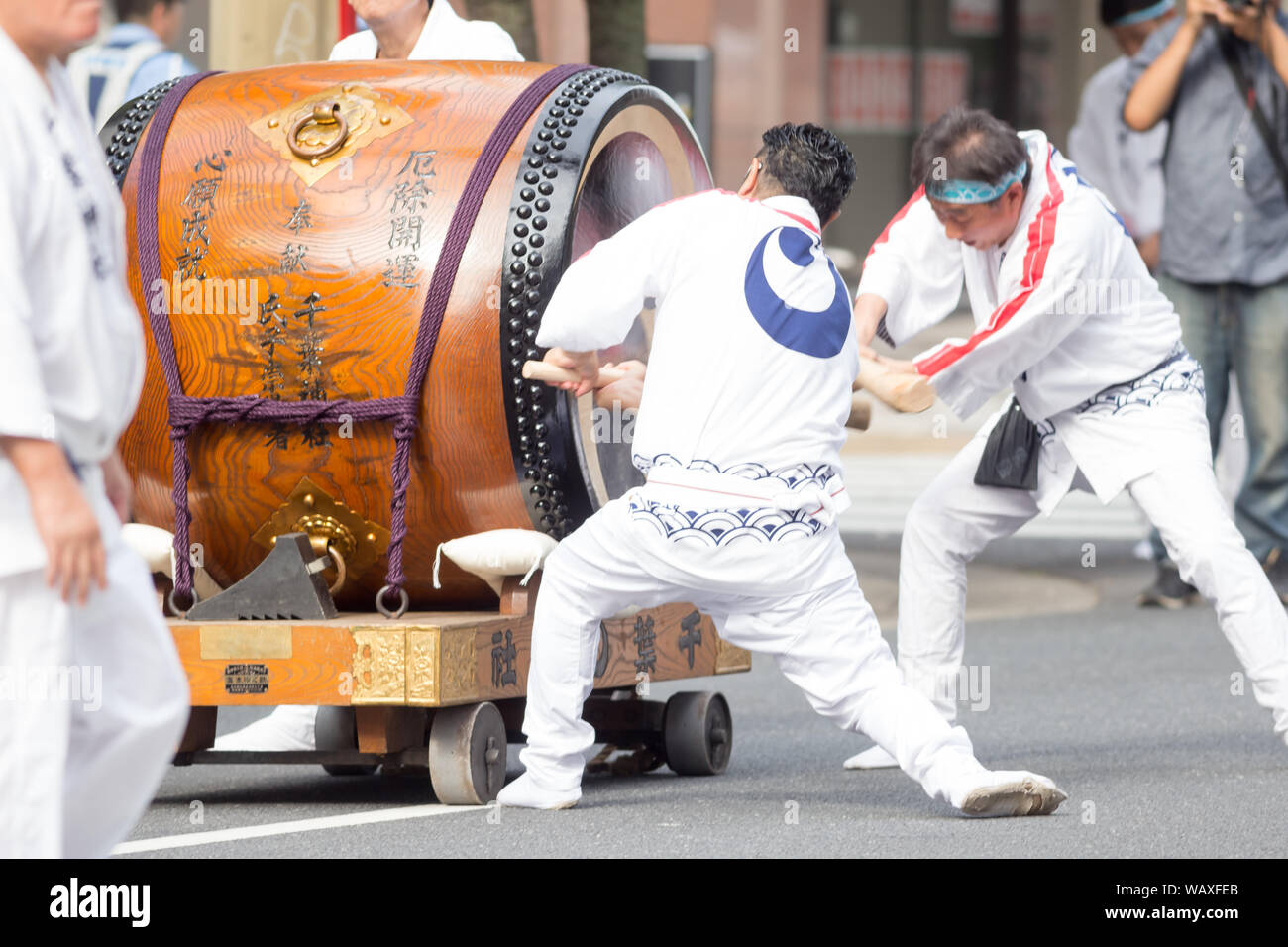 Chiba, Japan, 08/22/2019 , Drummers of the traditional japanese drum