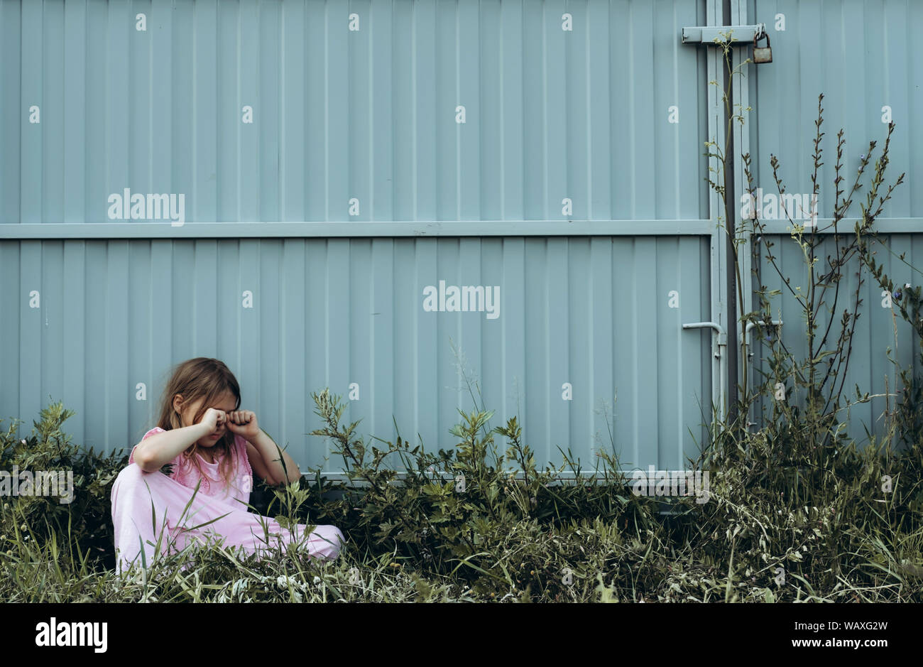 Little Sad Girl Crying Alone Outdoor Upset Lost Child Sitting On