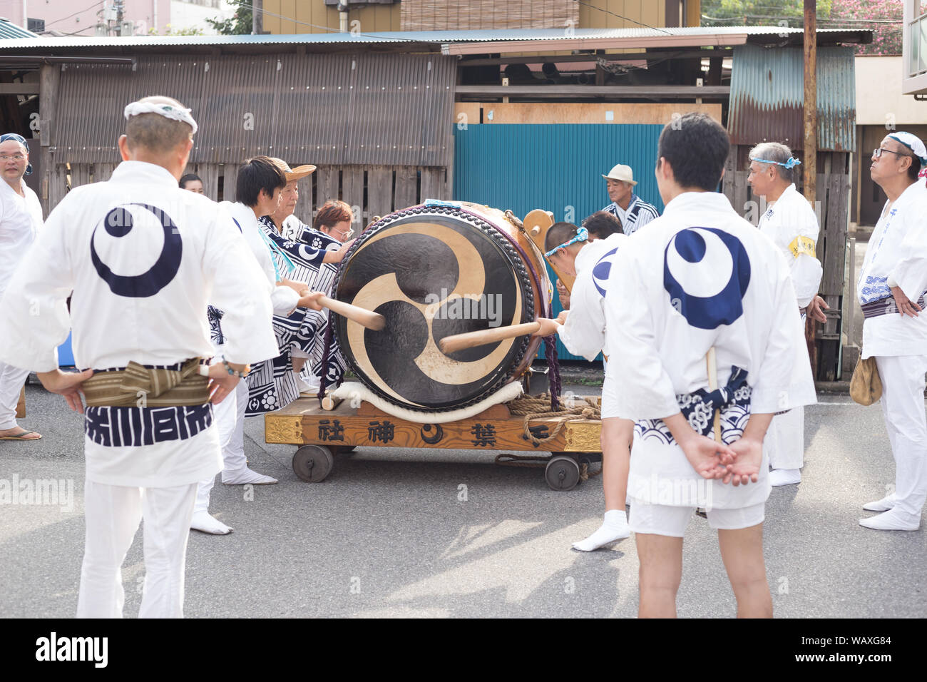 Chiba, Japan, 08/22/2019 , Drummers of the traditional japanese drum