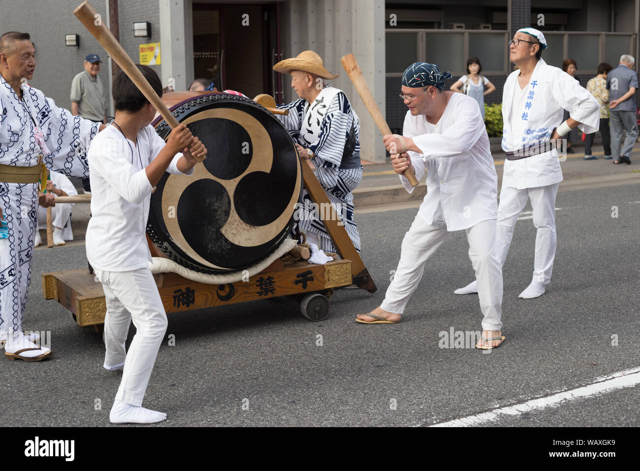 Chiba, Japan, 08/22/2019 , Drummers of the traditional japanese drum