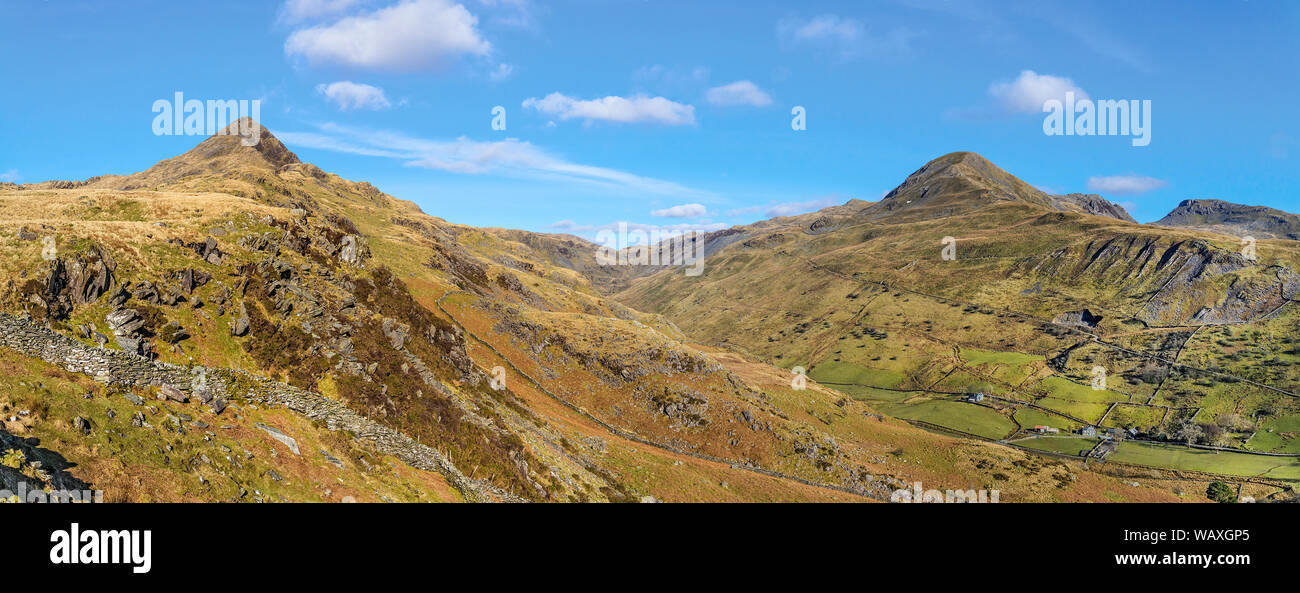 Panoramic view of Cnicht mountain left across Cwm Croesor to Moelwyn Mawr and Moelwyn Bach mountains Snowdonia National Park North Wales UK March 2018 Stock Photo