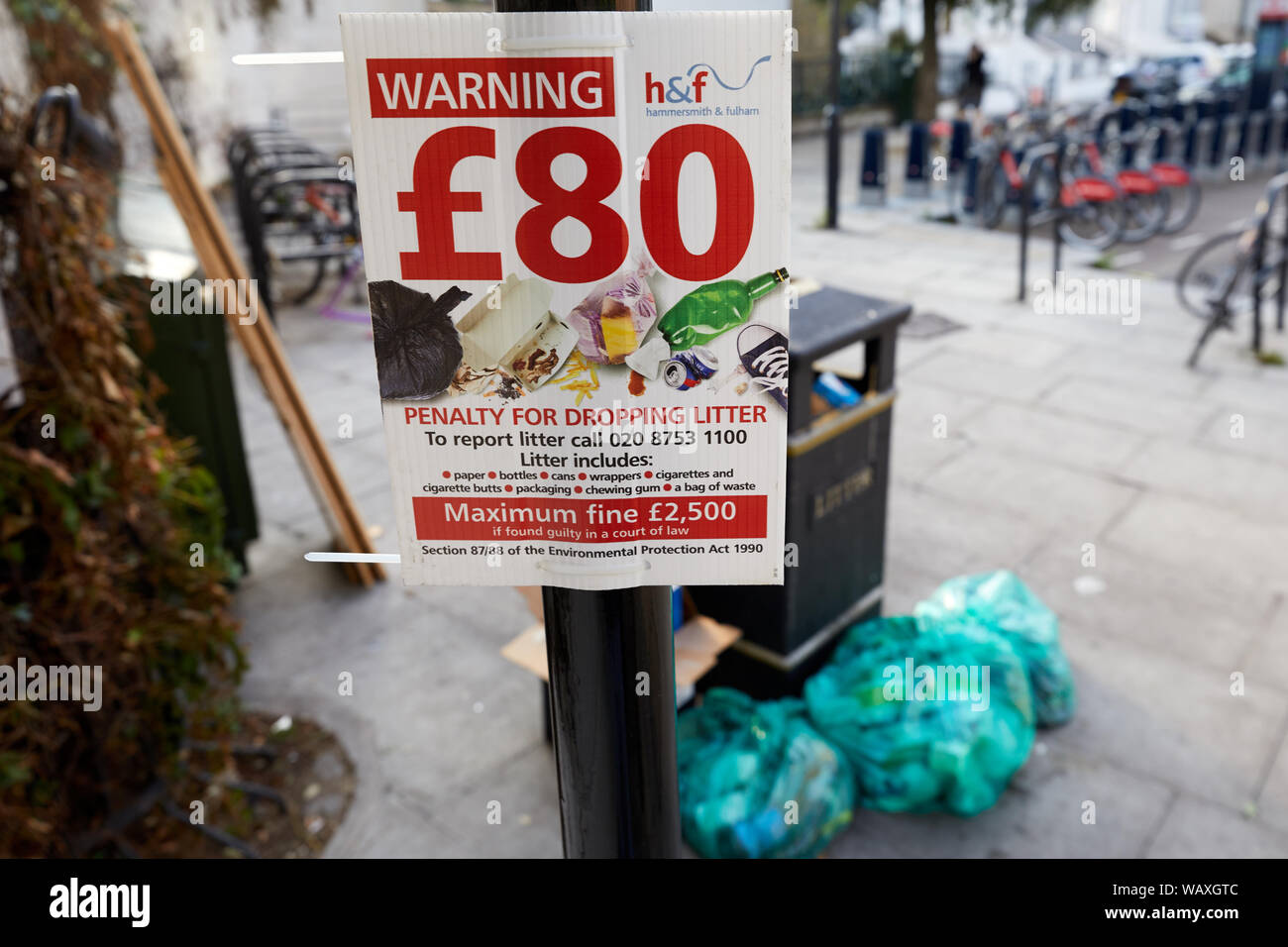 A penalty fine warning notice intoduced by London Borough of Hammersmith and Fulham to stop the problem of litter bein Stock Photo