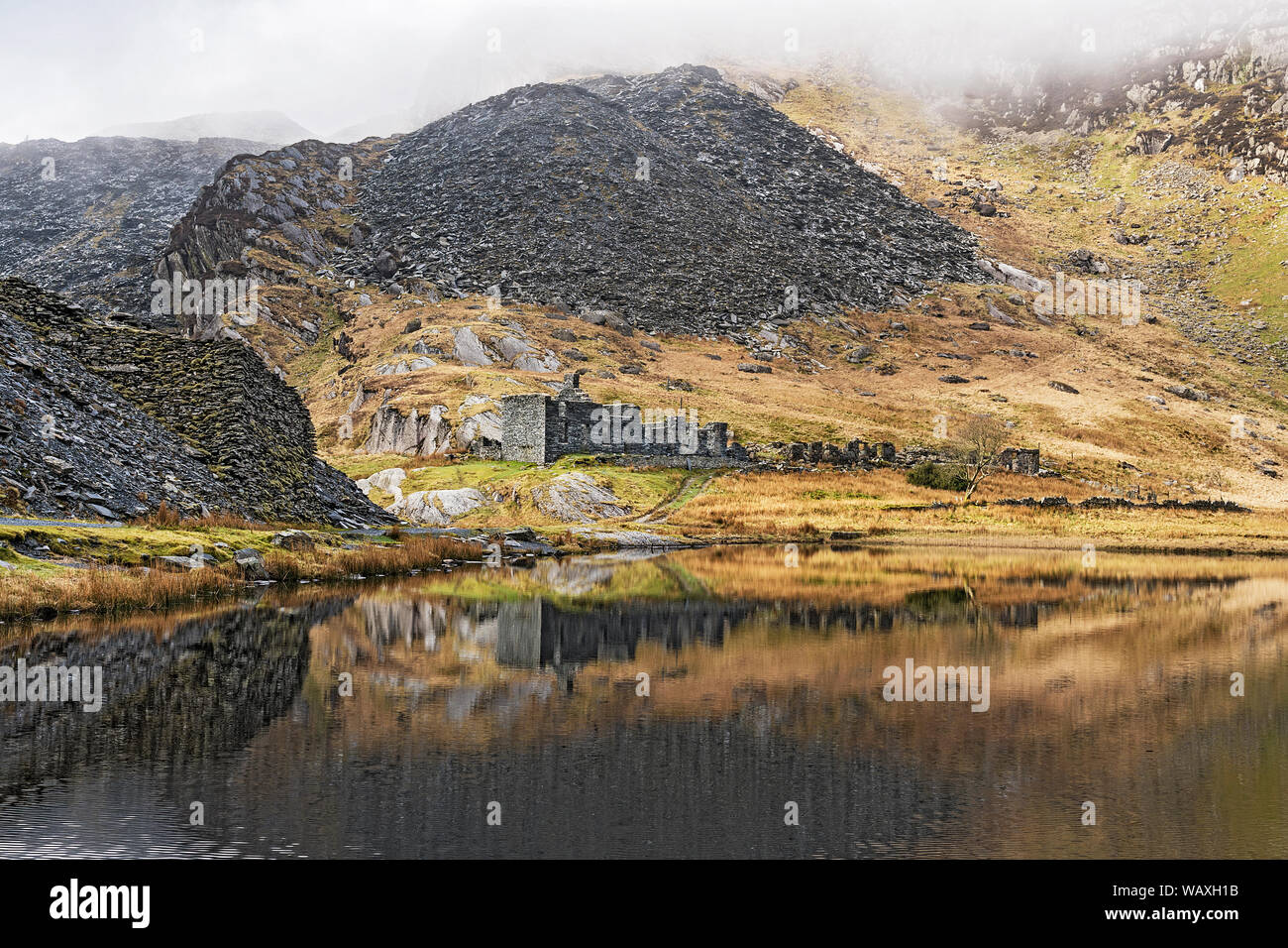 Llynn (Lake) Cwmorthin showing spoil heaps and ruins of workers