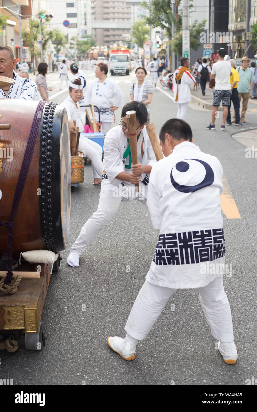 Chiba, Japan, 08/22/2019 , Drummers of the traditional japanese drum