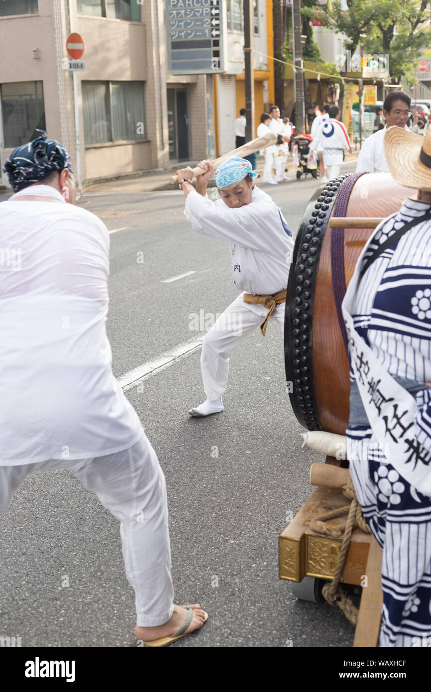 Chiba, Japan, 08/22/2019 , Drummers of the traditional japanese drum