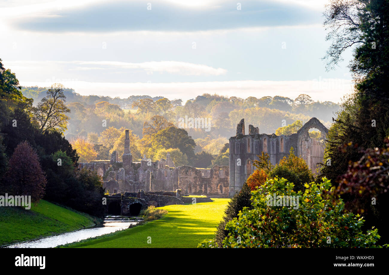 Ruins of Fountains Abbey at Studley Royal Water Garden, North Yorkshire, UK. Stock Photo