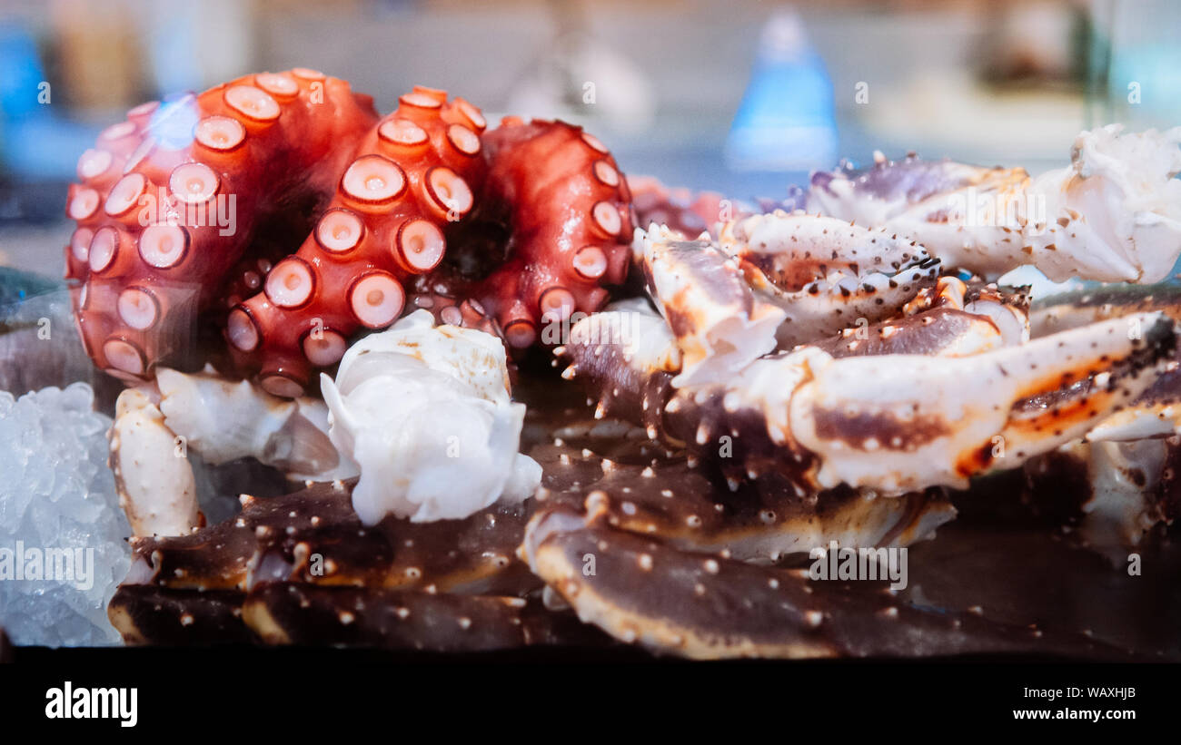 Fresh octopus and raw Japanese King crab legs on ice at Sushi bar