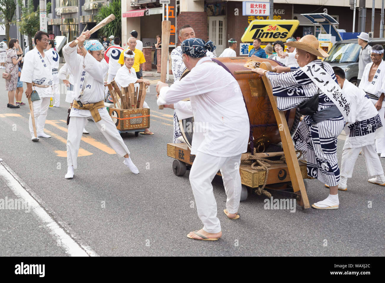 Chiba, Japan, 08/22/2019 , Drummers of the traditional japanese drum