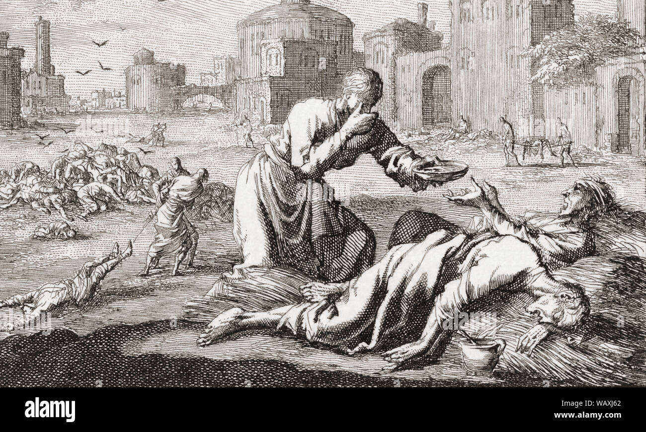 The Great Plague of London, 1665-1666.  A passerby offers water to a dying man.  During outbreaks of plague, elements in this 17th century picture would have been present in many European cities from the 15th century through the 17th century. Stock Photo