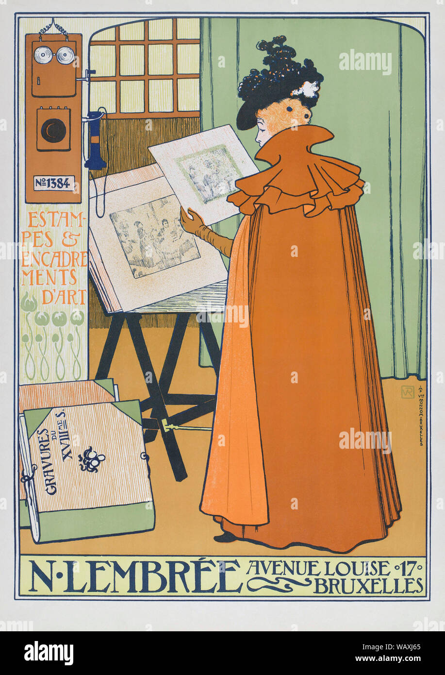 Poster dating from 1897 advertising the art and framing shop of N. Lembrée in Brussels.  Designed by Belgium artist Theo Van Rysselberghe, 1862-1926. Stock Photo