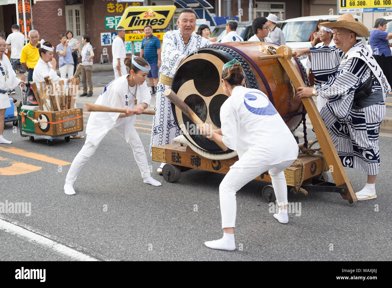 Chiba, Japan, 08/22/2019 , Drummers of the traditional japanese drum