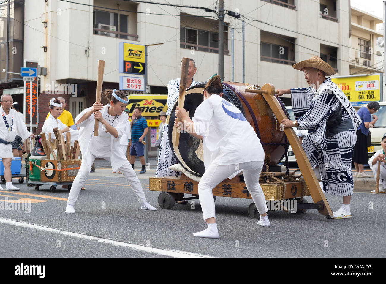 Chiba, Japan, 08/22/2019 , Drummers of the traditional japanese drum