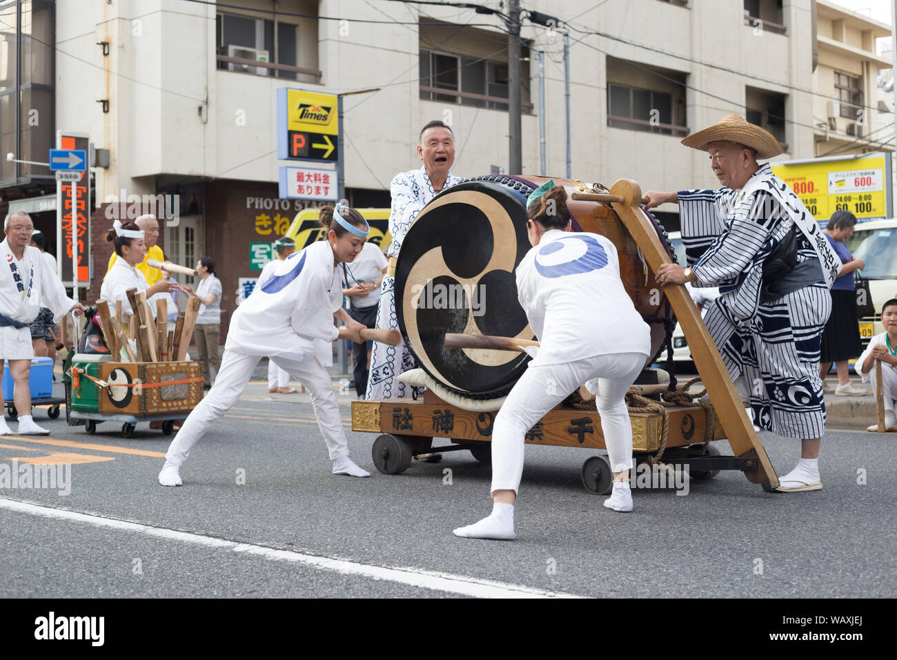 Chiba, Japan, 08/22/2019 , Drummers of the traditional japanese drum