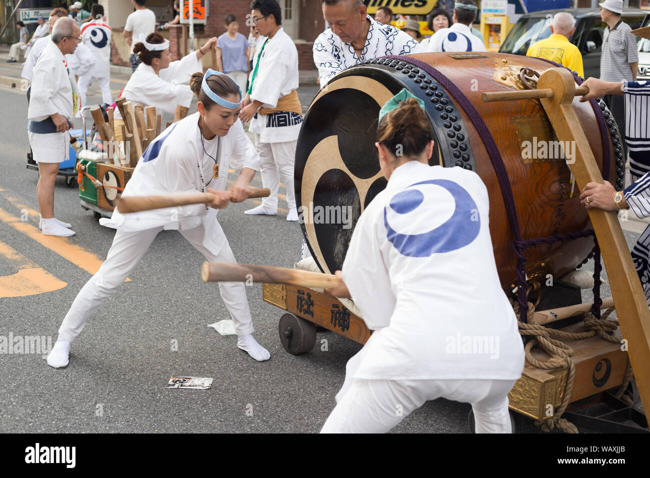 Chiba, Japan, 08/22/2019 , Drummers of the traditional japanese drum