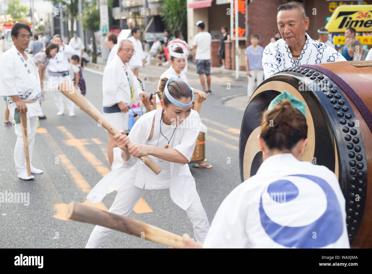 Chiba, Japan, 08/22/2019 , Drummers of the traditional japanese drum