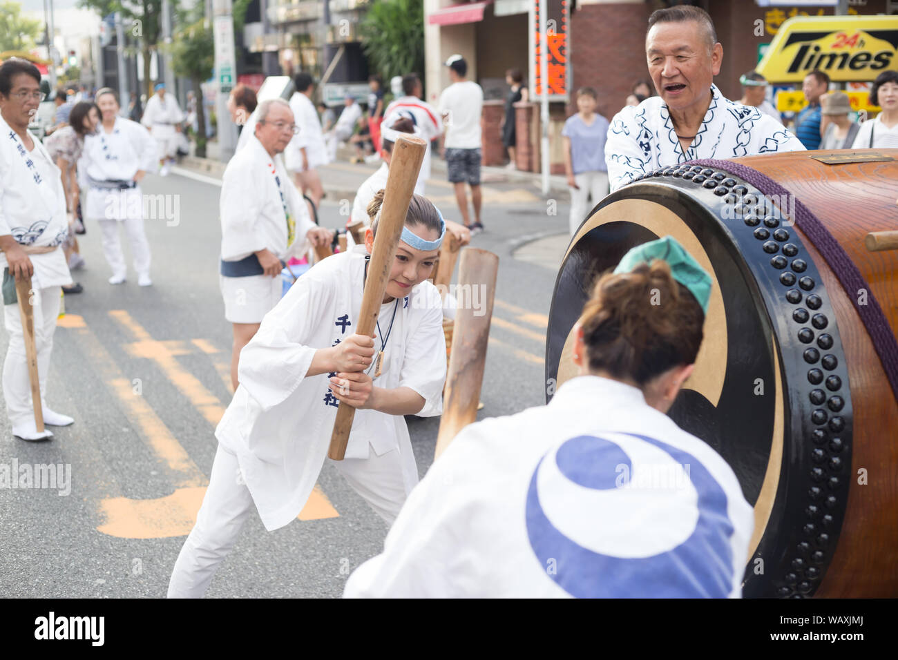 Chiba, Japan, 08/22/2019 , Drummers of the traditional japanese drum