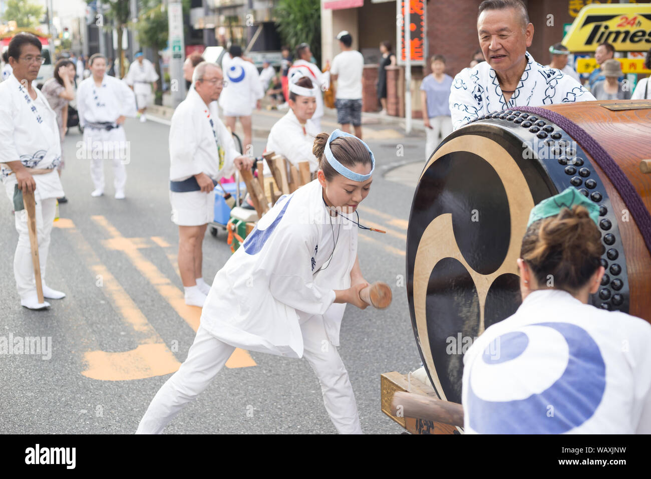Chiba, Japan, 08/22/2019 , Drummers of the traditional japanese drum