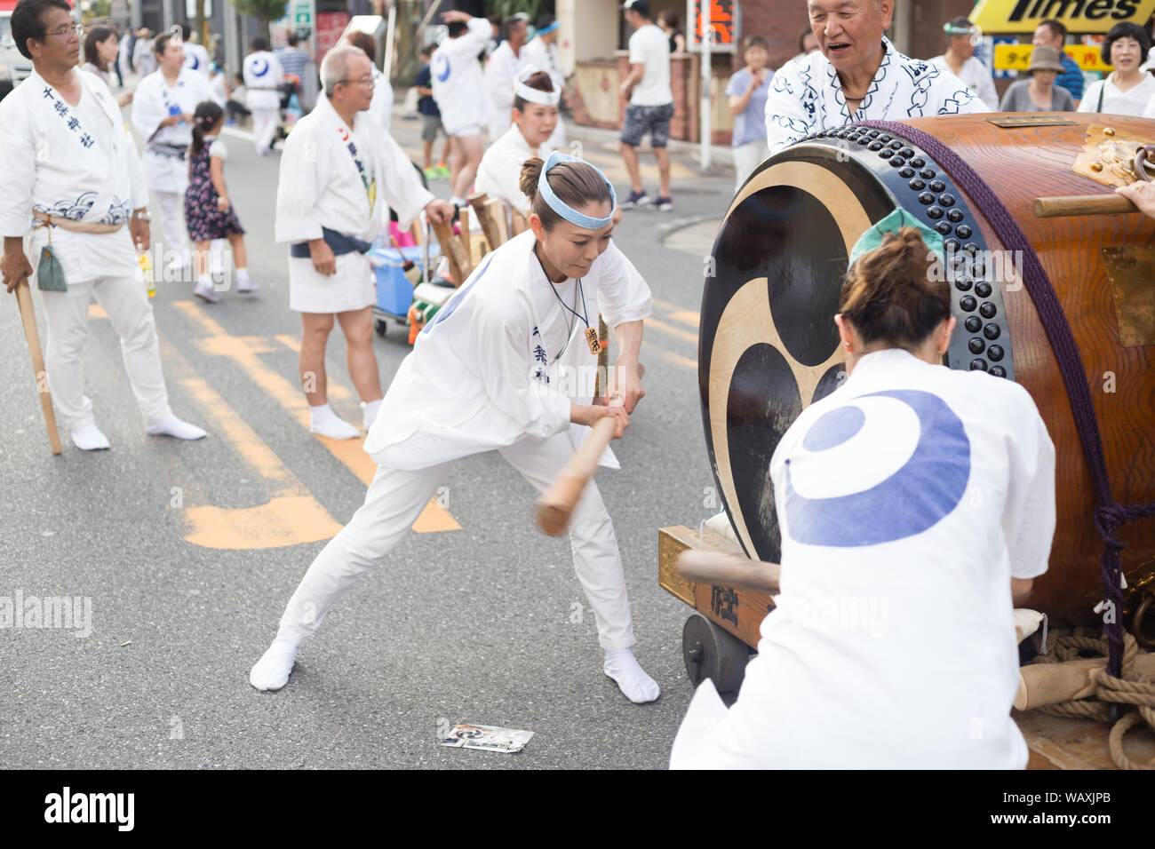 Chiba, Japan, 08/22/2019 , Drummers of the traditional japanese drum