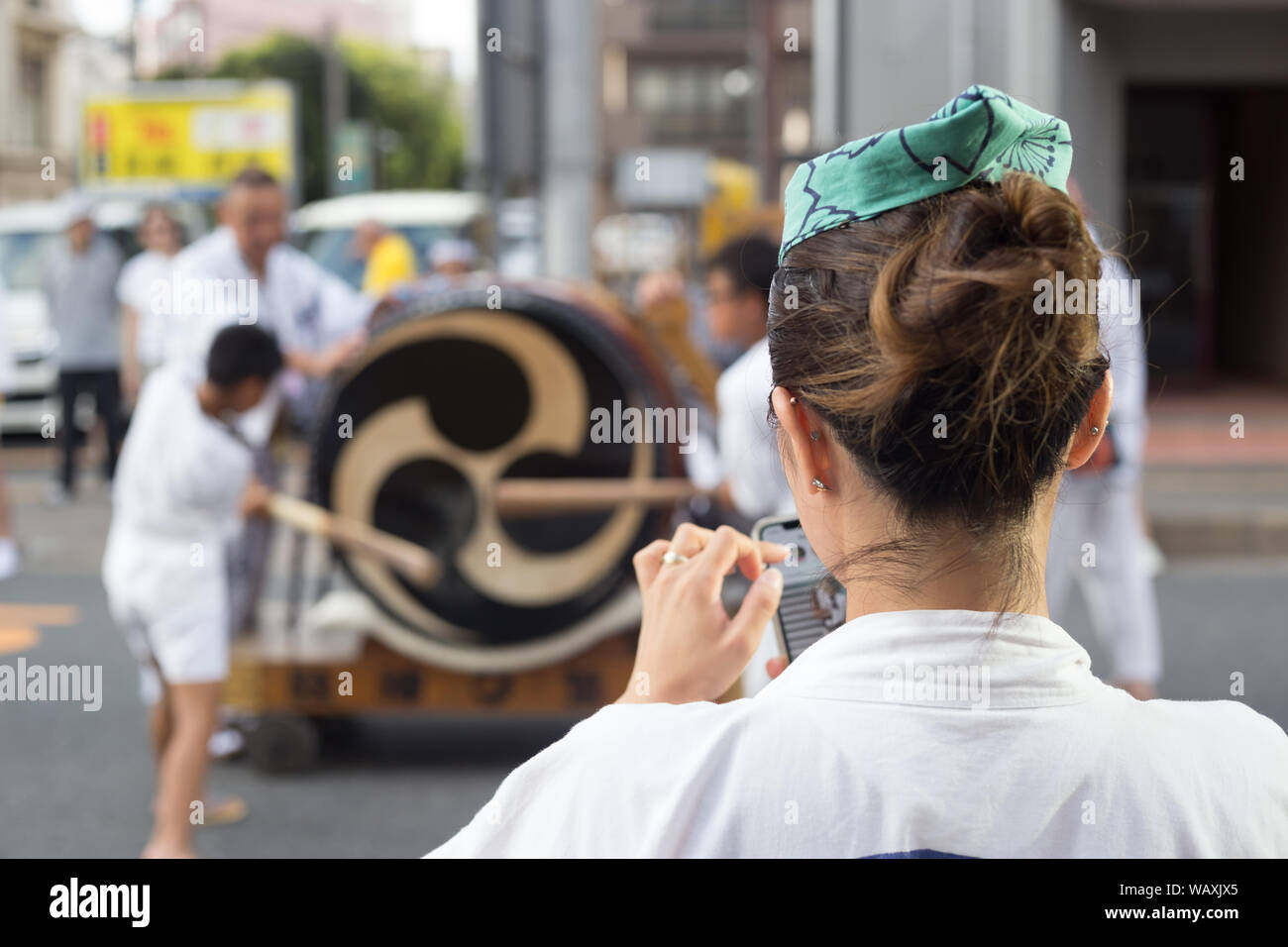 Chiba, Japan, 08/22/2019 , Drummers of the traditional japanese drum
