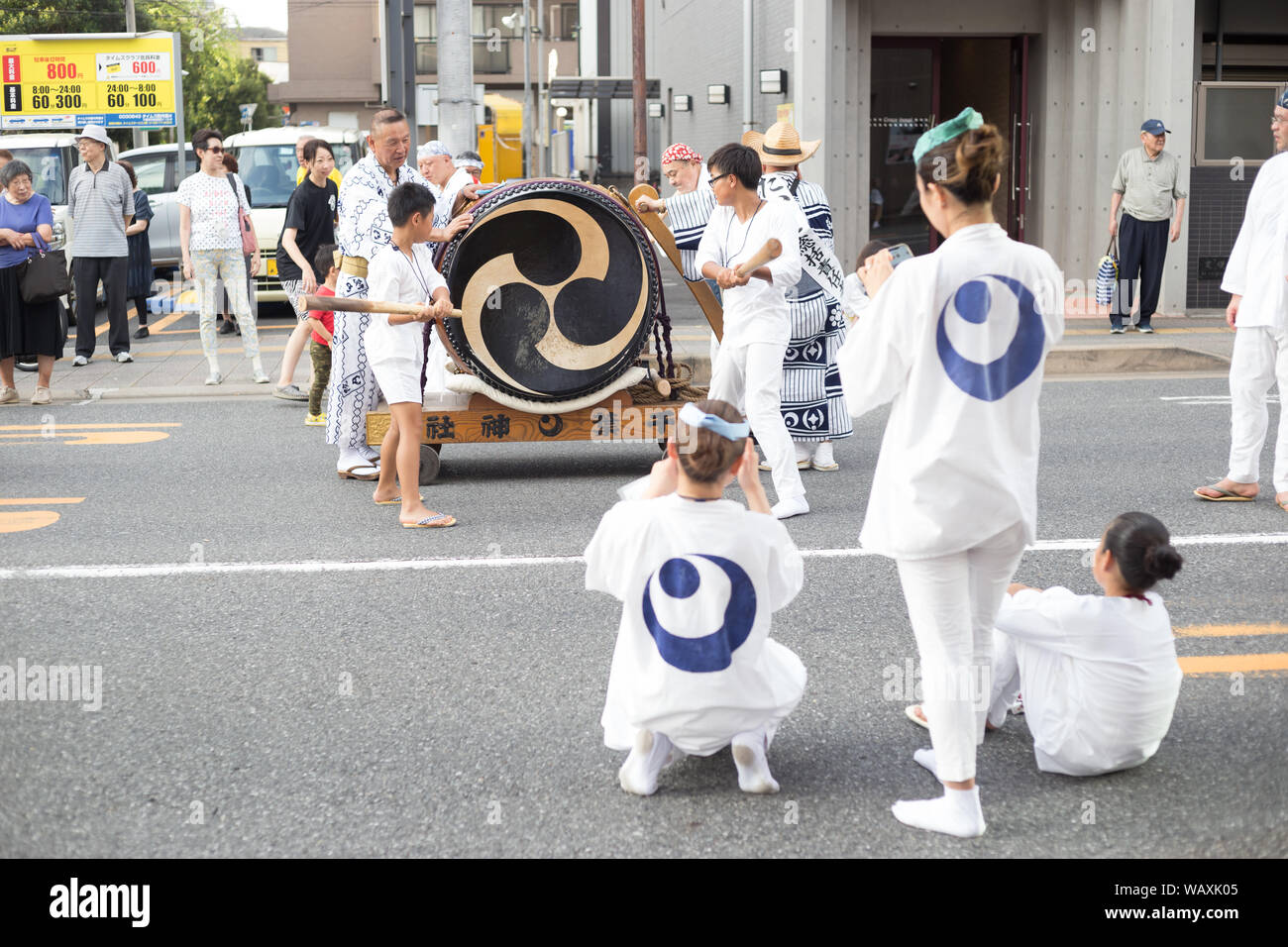 Chiba, Japan, 08/22/2019 , Drummers of the traditional japanese drum