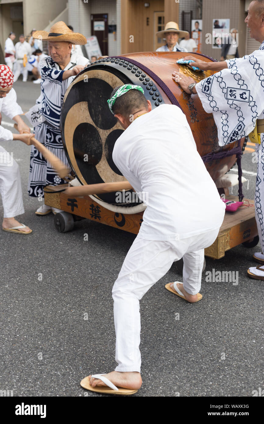 Chiba, Japan, 08/22/2019 , Drummers of the traditional japanese drum