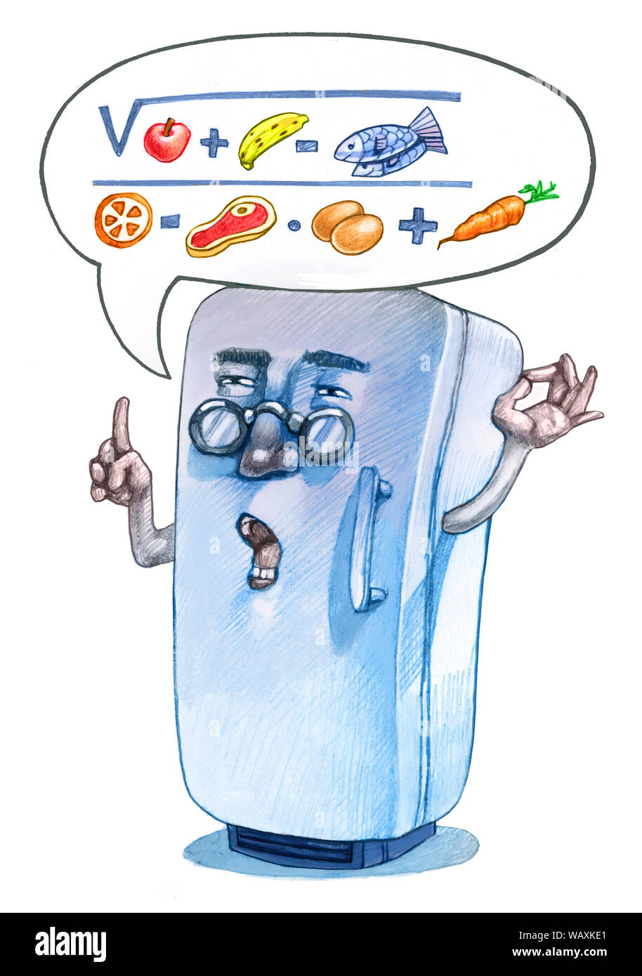 fridge talks about feeding and remembers foods on expiration allegory of smart fridge humorous character design pencil illustration Stock Photo