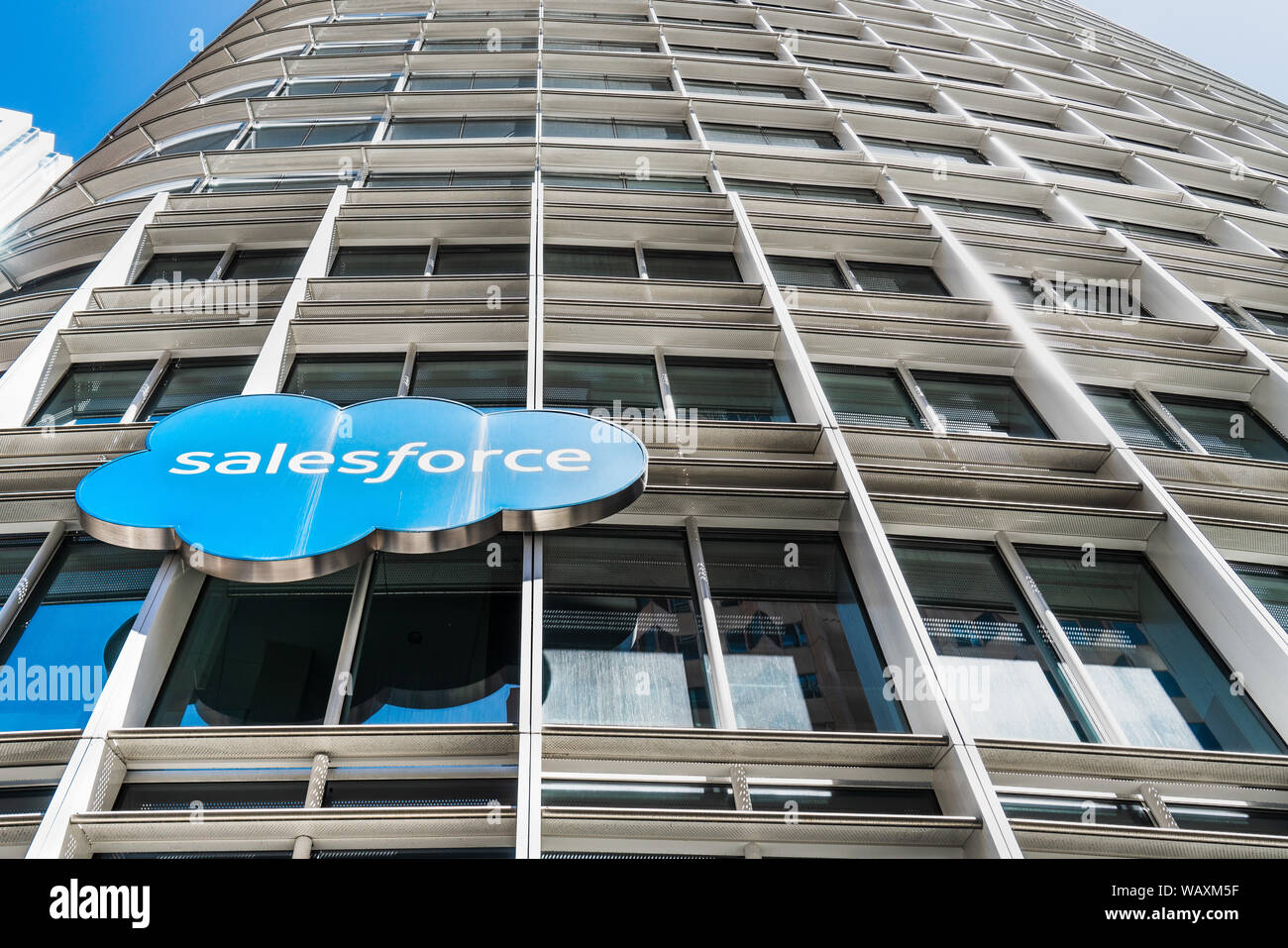 August 21, 2019 San Francisco / CA / USA Salesforce logo displayed on the facade of Salesforce